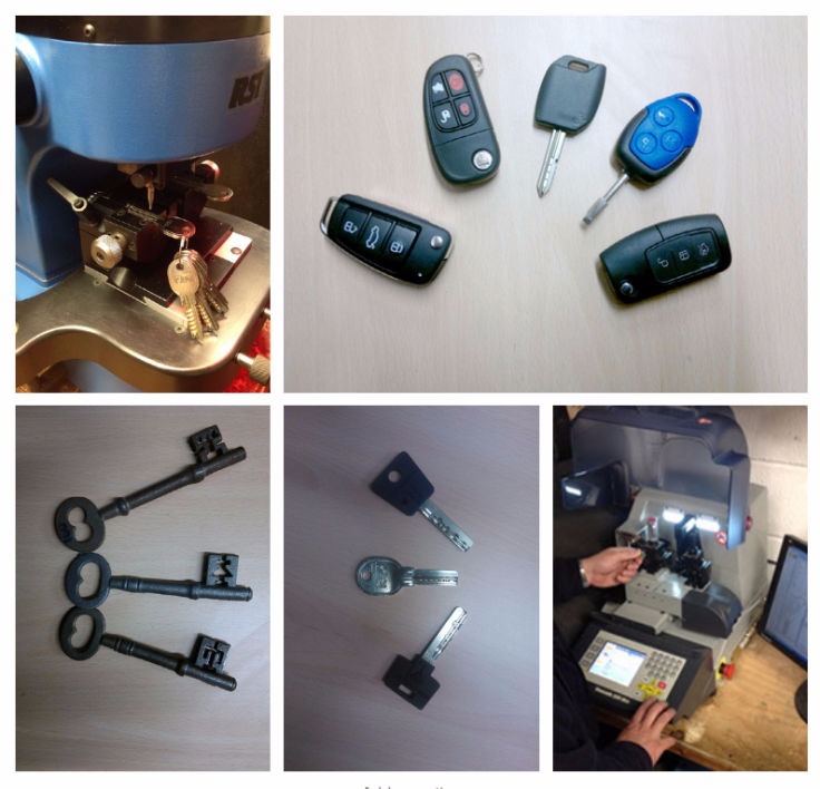 photo montage of keys and key-cutting machinery 